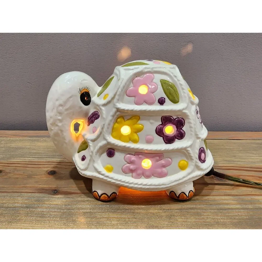 Vintage Ceramic Turtle Lamp Night Light With Flowers